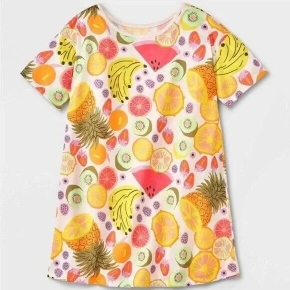 Girl Set Lot of 3 Cat & Jack Nightgown Pjs Pajamas Sleepshirt Flower Fruit S 6/7